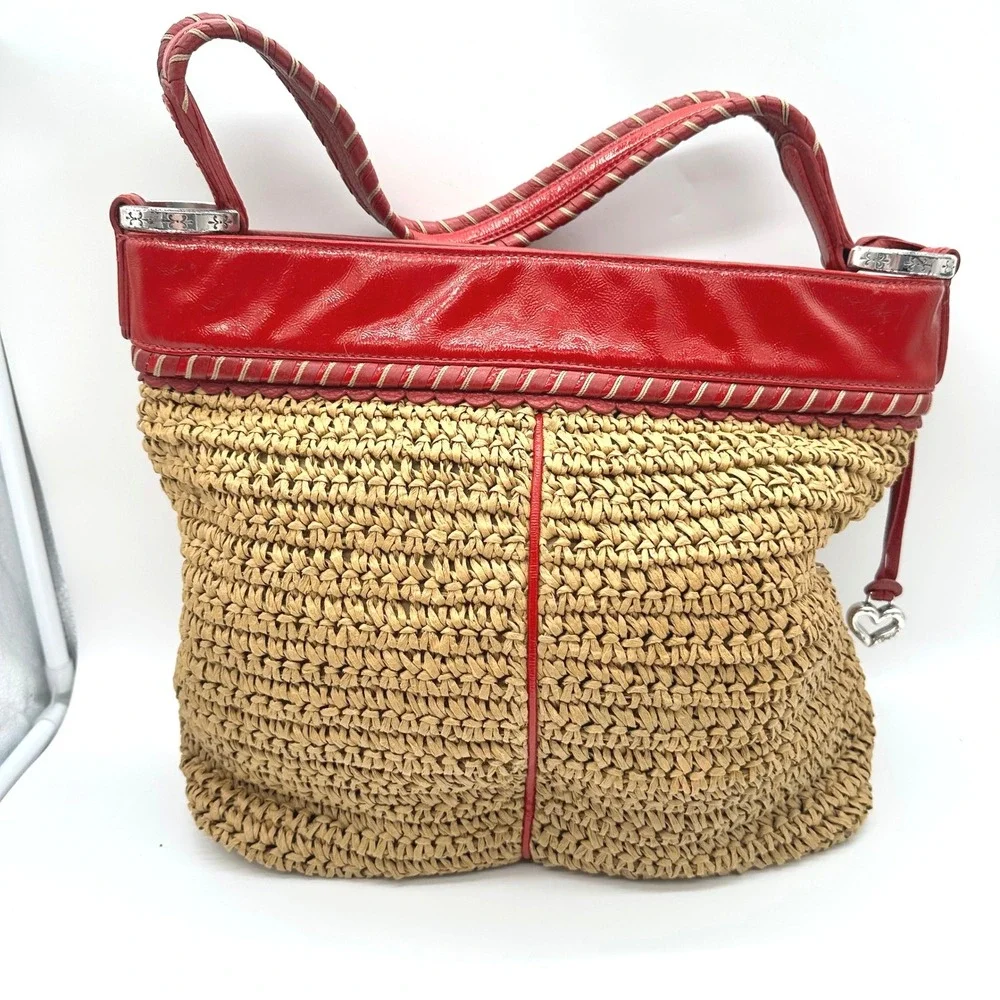 Vintage Brighton Straw Tote Bag Red Patent Leather Trim Woven Shoulder Bag Heart